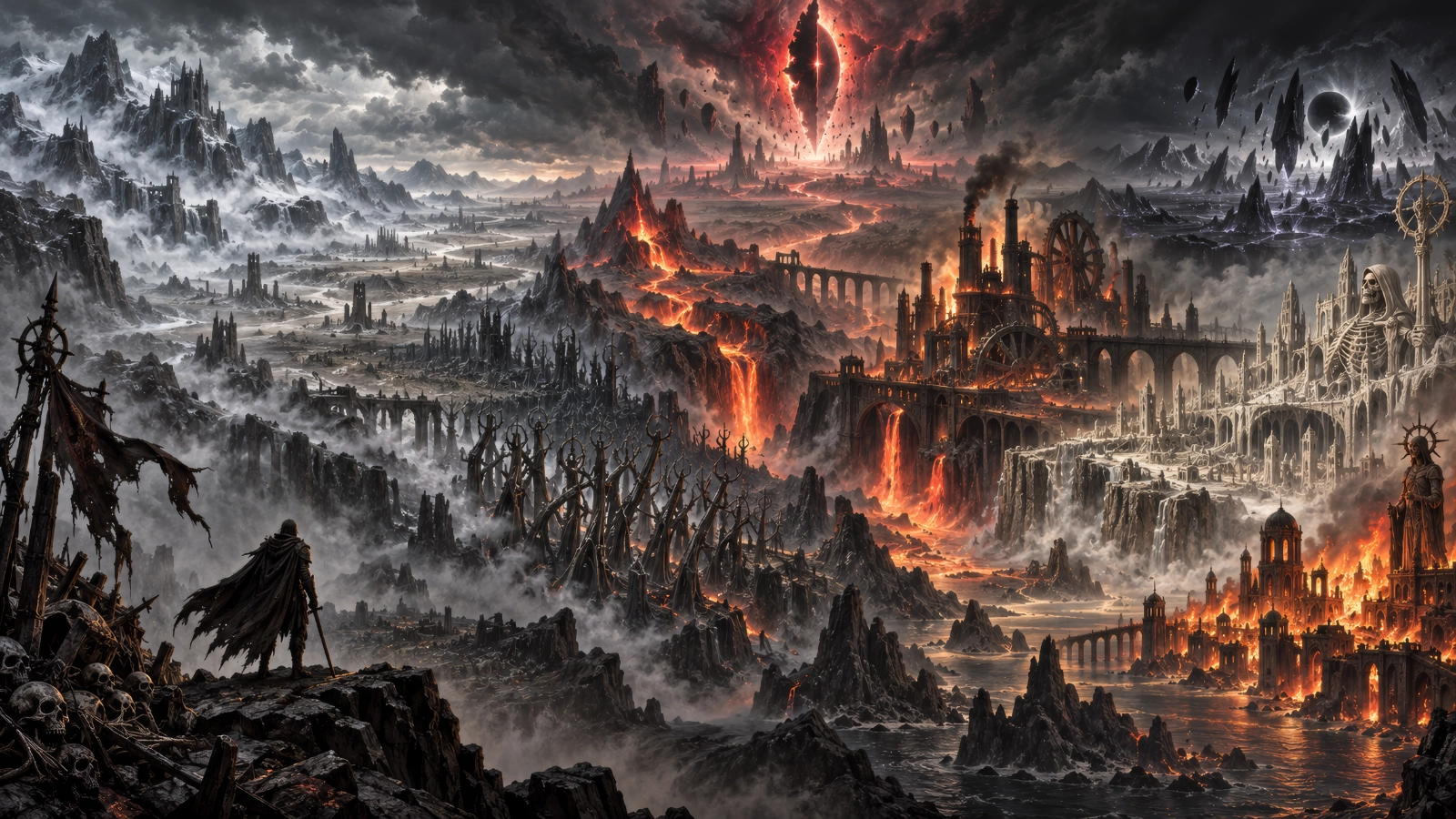 A panoramic dark fantasy view across several hostile Ashen Realms