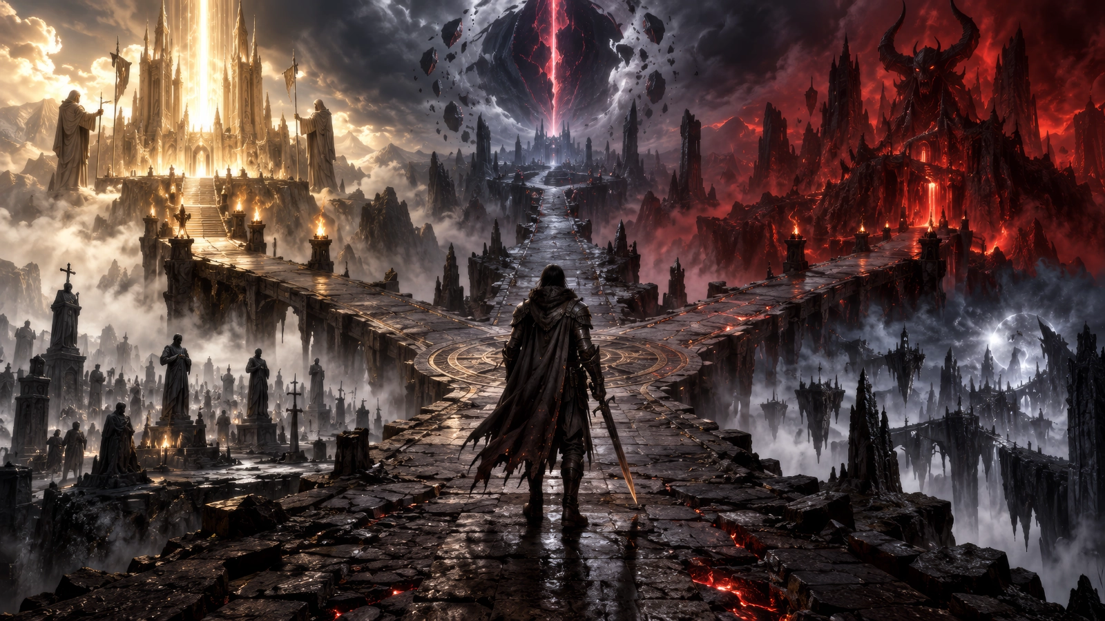 An Ashborn facing diverging paths of fire, corruption, sacrifice, and survival
