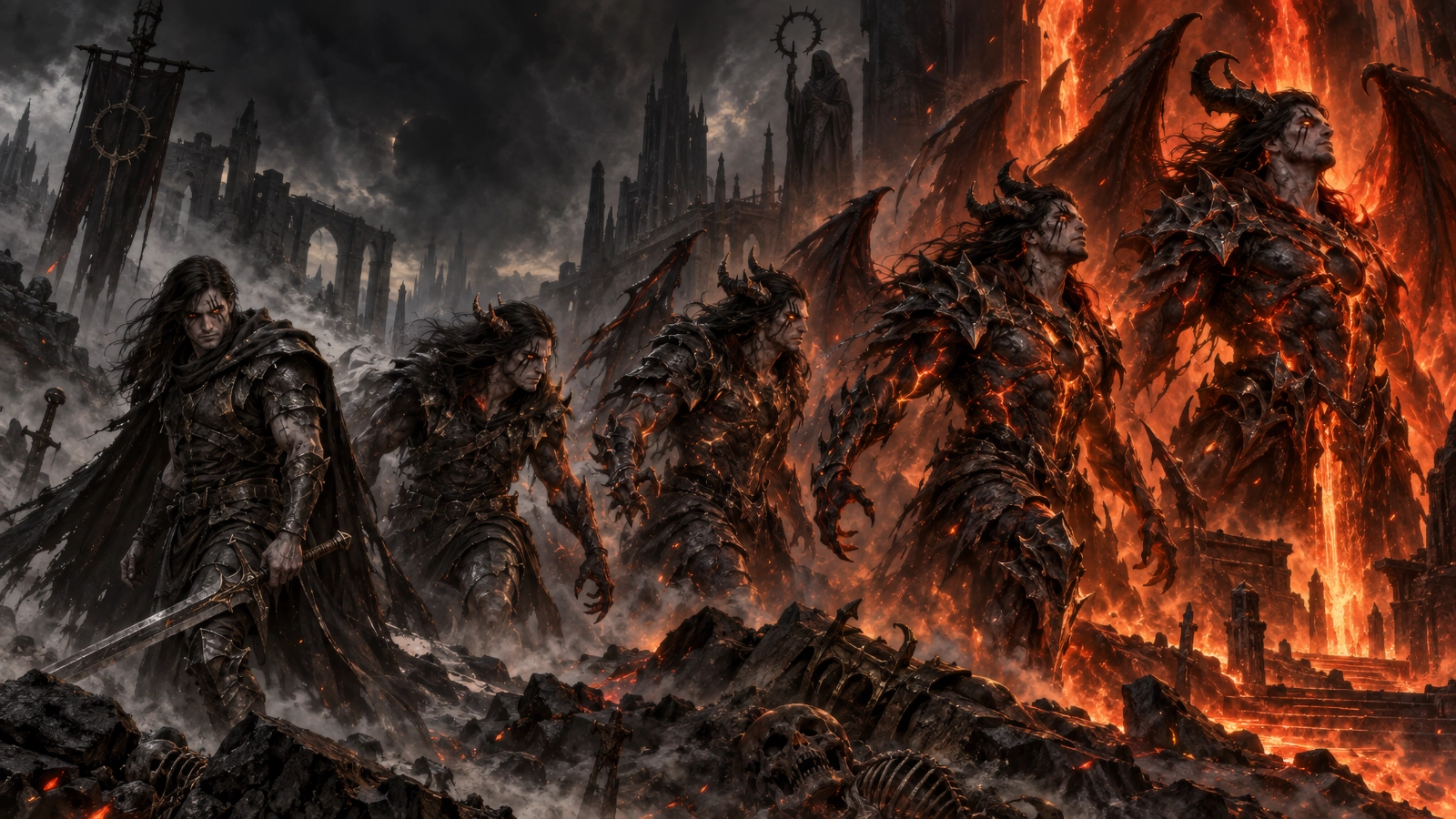 An Ashborn showing escalating visible corruption from ember eyes to demonic transformation