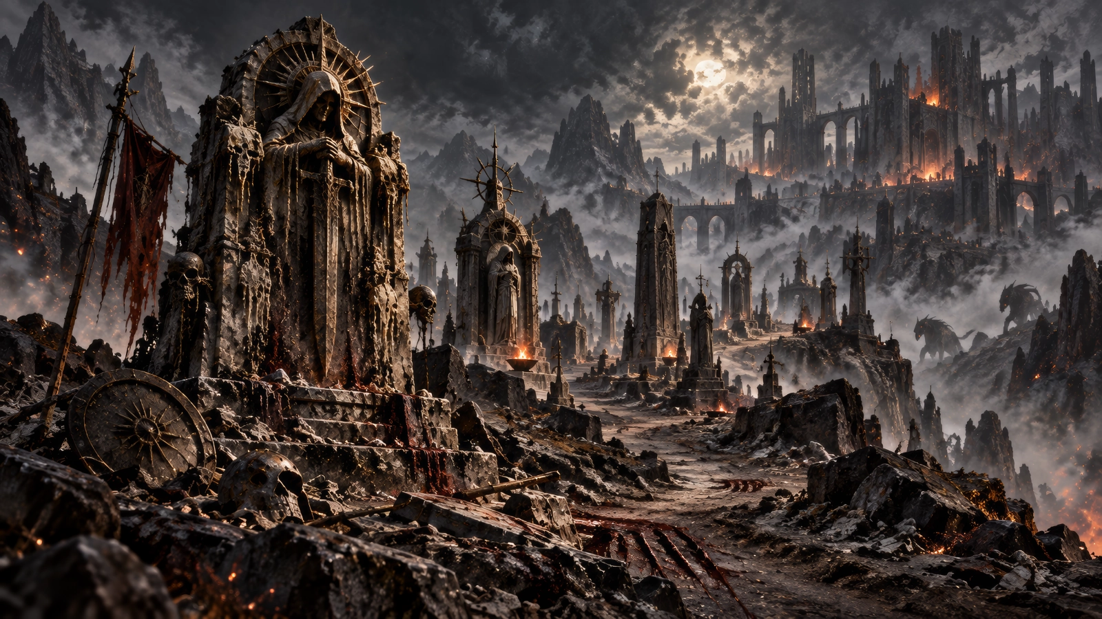 An Ashborn death monument standing in a hostile ruined landscape