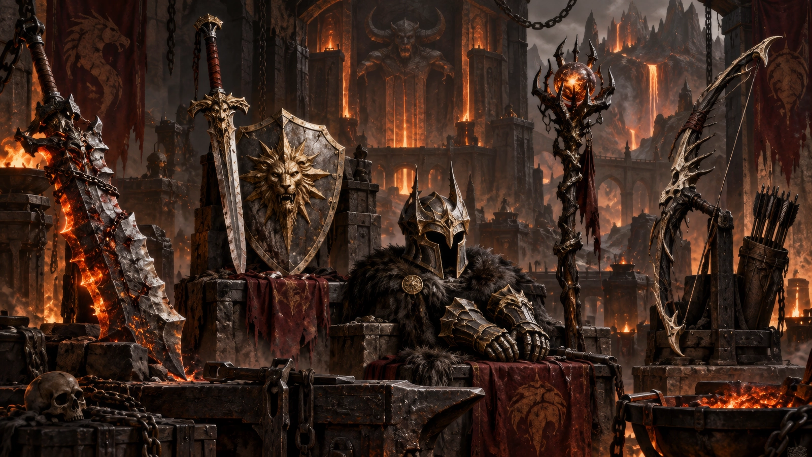 A curated display of distinctive named weapons and armor from Forged by Flame