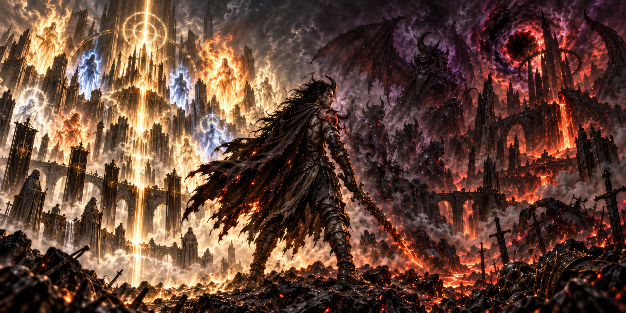 An Ashborn standing between divine flame and demonic corruption